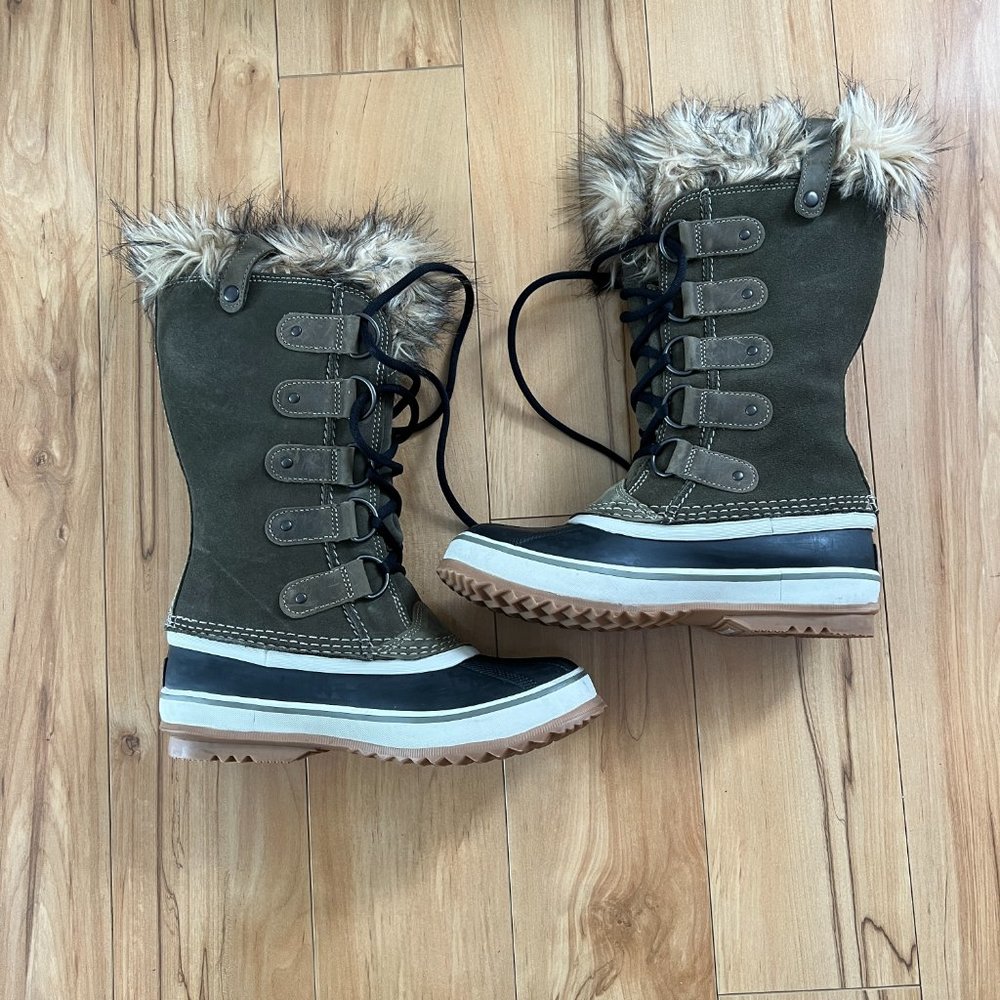 Sorel Boots Joan Of Arctic Green Nori Suede Waterproof Faux Fur Tall Snow Size 6 - Picture 5 of 15